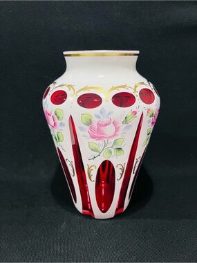 Vintage Bohemian Arcadia White Cut to Ruby Cased Crystal Glass Hand Painted Vase